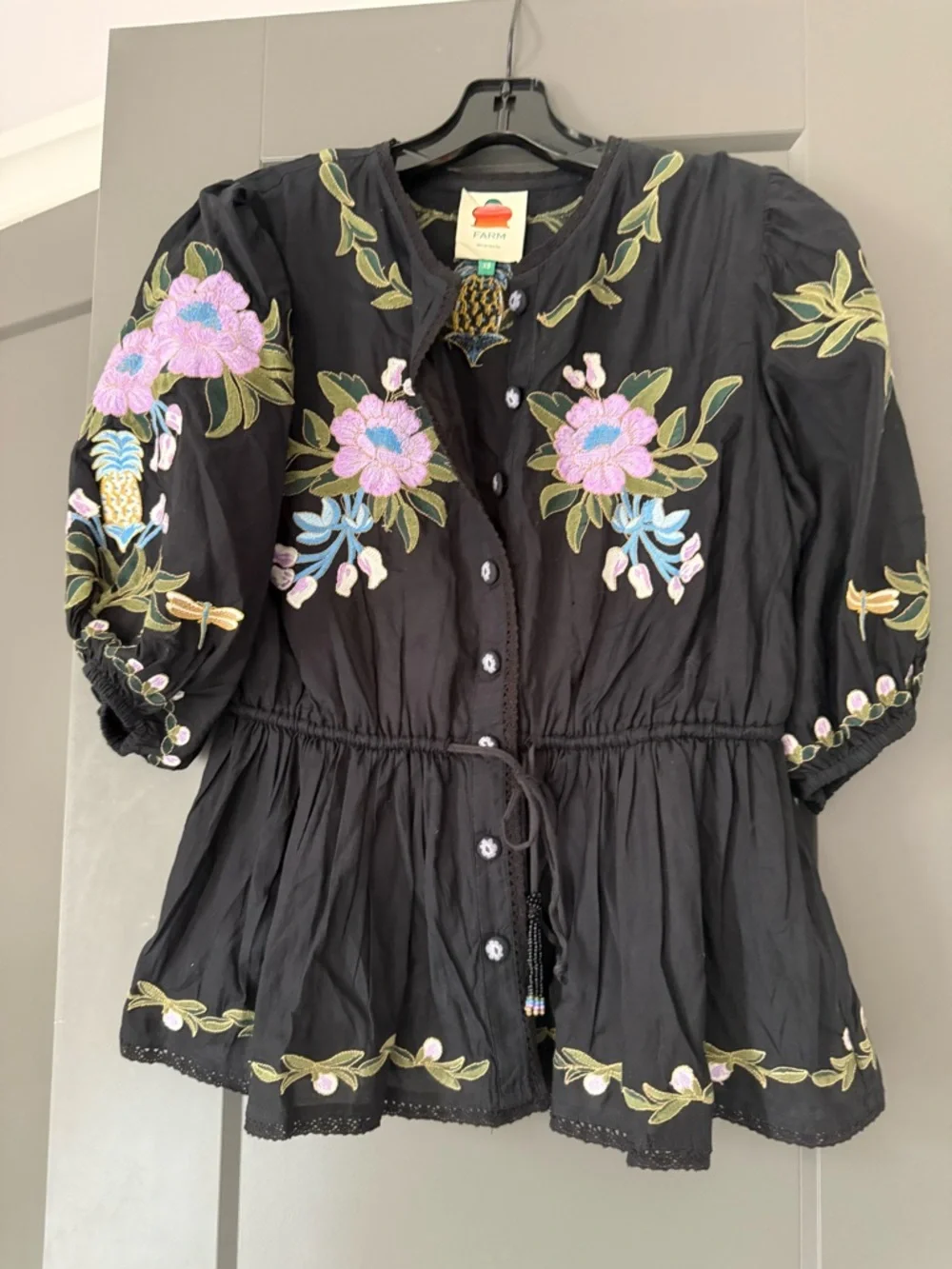 Black Embroidered Floral Peasant Top - Black with Pink & Green Accents